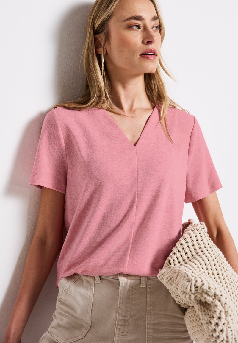V-Neck Shirt in Leinen-Optik