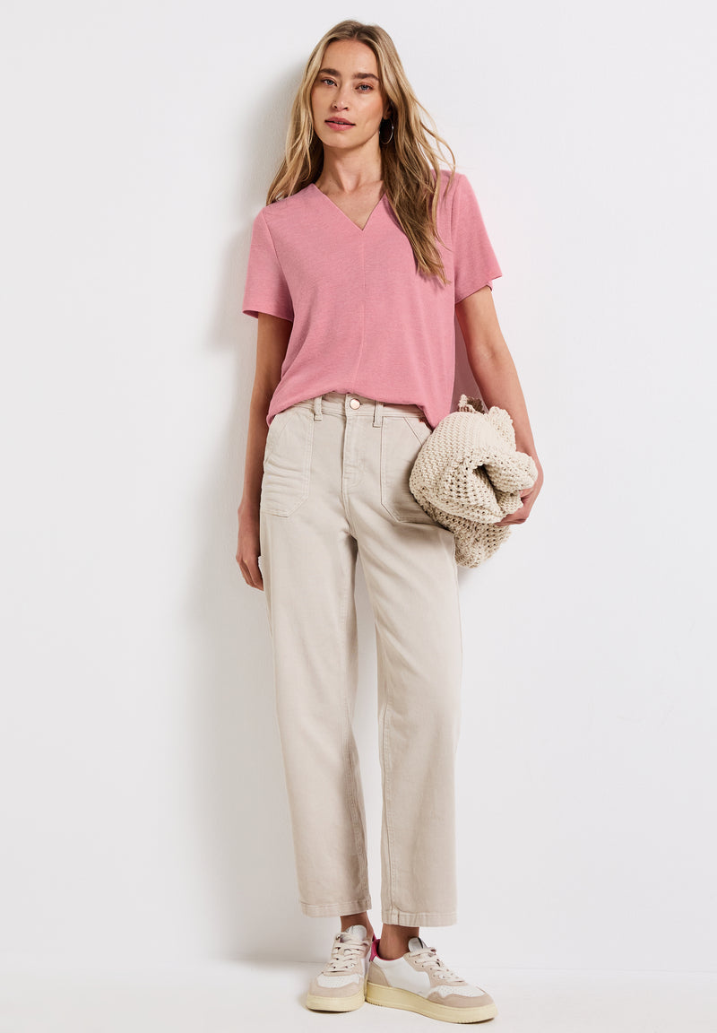 V-Neck Shirt in Leinen-Optik